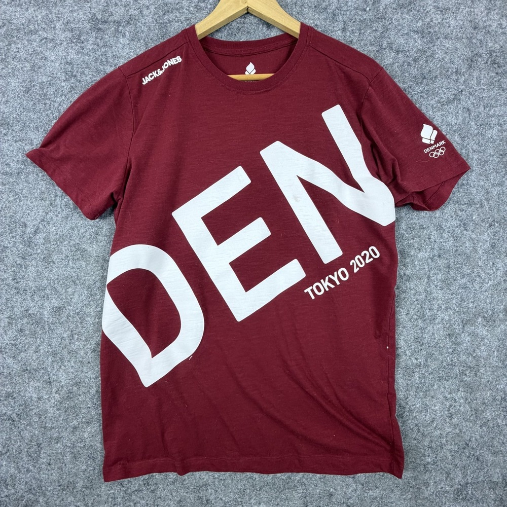 Denmark Jack & Jones Tokyo Olympics 2020 T Shirts Men's L Burgundy Short Sleeve